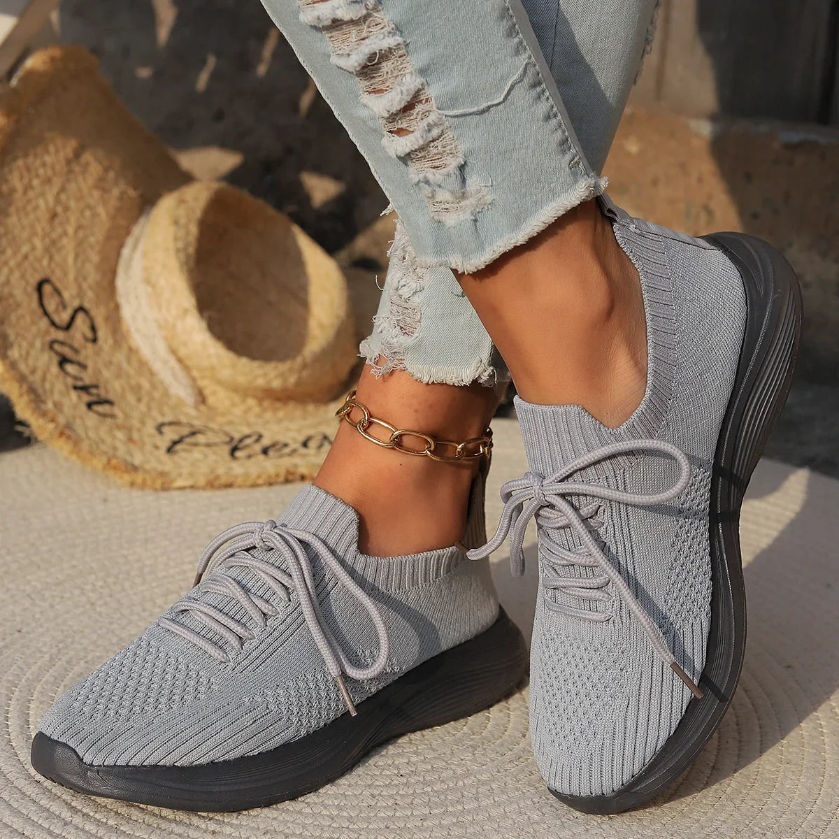 Women's Lightweight Knitted Sneakers – Slip-On Lace-Up Casual Shoes for Everyday Wear 2
