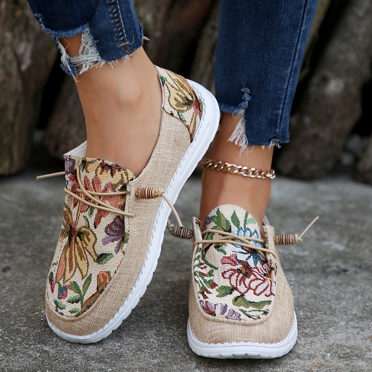 Women's Lightweight Slip-On Shoes with Floral Tapestry Design – Woven Fabric Casual Footwear 0
