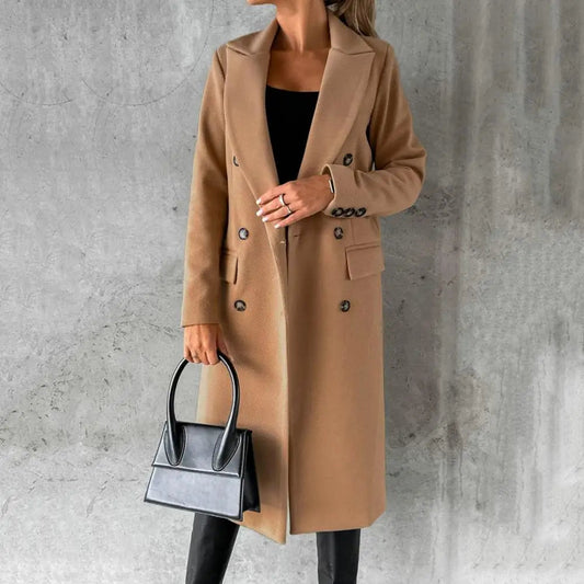 Women's Trench Coat Long Beige Double-Breasted Cotton - 1