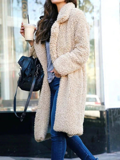 Women's Long Teddy Coat Beige Oversized Polyester - 2