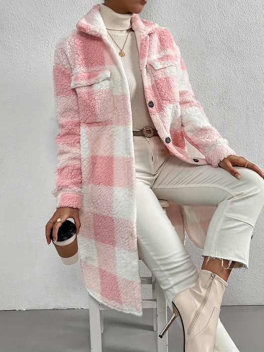 Women's Long Coat Plaid Teddy Fleece Relaxed Fit - 1