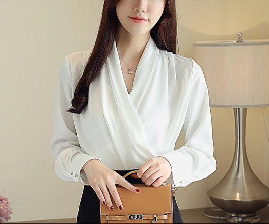 Women's Long Sleeve Pleated Blouse – Elegant Polyester Top for Summer Casual and Business Wear 0