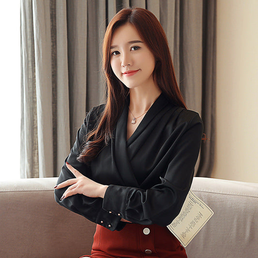 Women's Long Sleeve Pleated Blouse – Elegant Polyester Top for Summer Casual and Business Wear 1