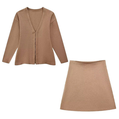 Women's Long Sleeve V-Neck Covered Button Cardigan and Mini Skirt Set 19