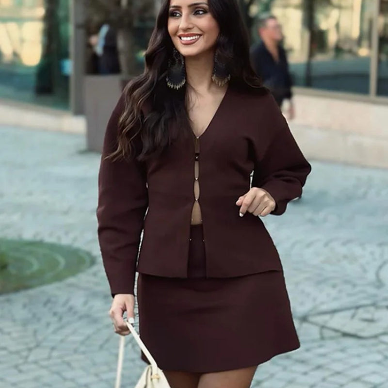 Women's Long Sleeve V-Neck Covered Button Cardigan and Mini Skirt Set 4