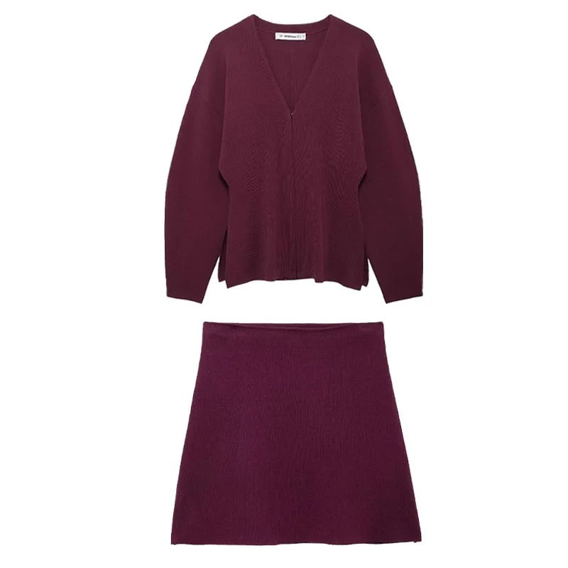 Women's Long Sleeve V-Neck Covered Button Cardigan and Mini Skirt Set 5