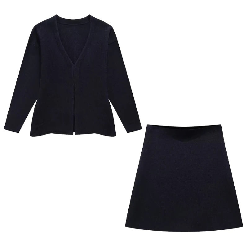 Women's Long Sleeve V-Neck Covered Button Cardigan and Mini Skirt Set 8