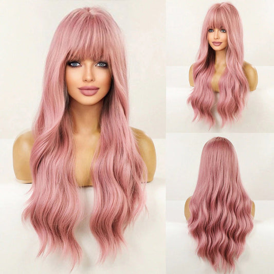 Women's Long Wavy Wig Pink High-Temperature Fiber with Bangs 0
