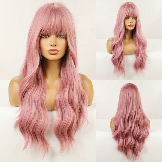 Women's Long Wavy Wig Pink High-Temperature Fiber with Bangs 1