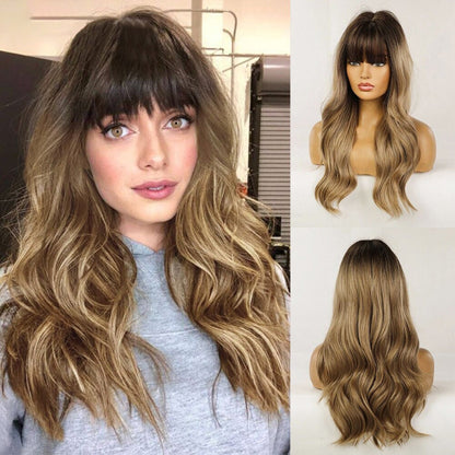 Women's Long Wavy Wig Pink High-Temperature Fiber with Bangs 10