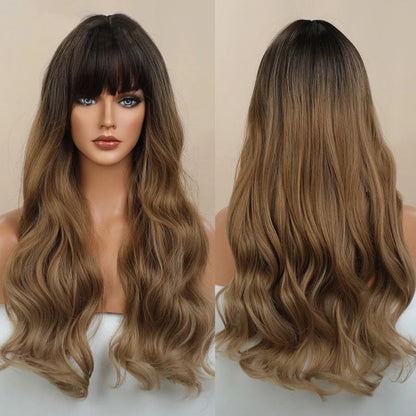 Women's Long Wavy Wig Pink High-Temperature Fiber with Bangs 16