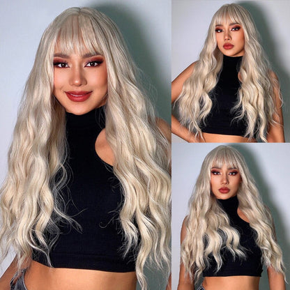 Women's Long Wavy Wig Pink High-Temperature Fiber with Bangs 17