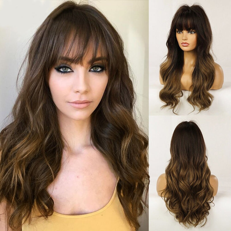 Women's Long Wavy Wig Pink High-Temperature Fiber with Bangs 18
