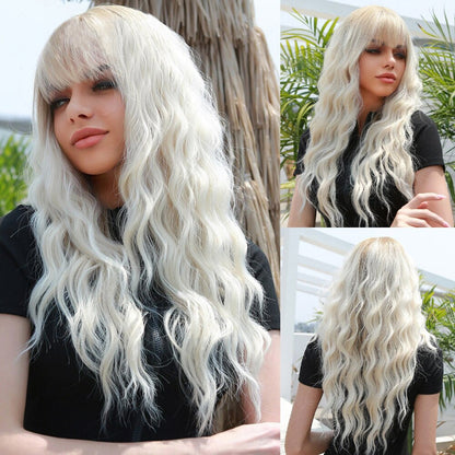 Women's Long Wavy Wig Pink High-Temperature Fiber with Bangs 19
