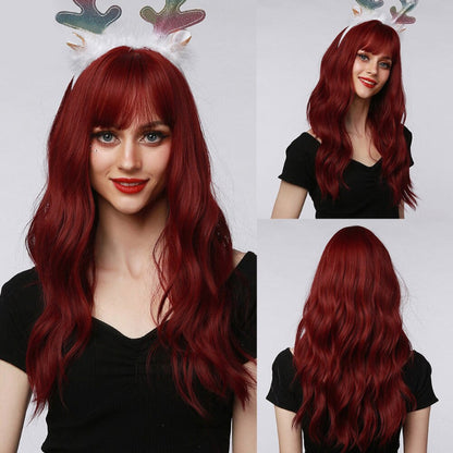 Women's Long Wavy Wig Pink High-Temperature Fiber with Bangs 25