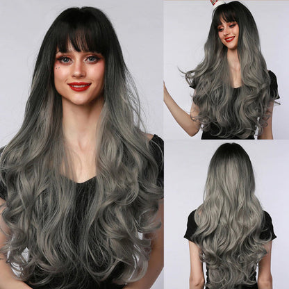 Women's Long Wavy Wig Pink High-Temperature Fiber with Bangs 28