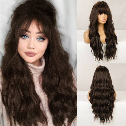 Women's Long Wavy Wig Pink High-Temperature Fiber with Bangs 29