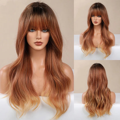 Women's Long Wavy Wig Pink High-Temperature Fiber with Bangs 5