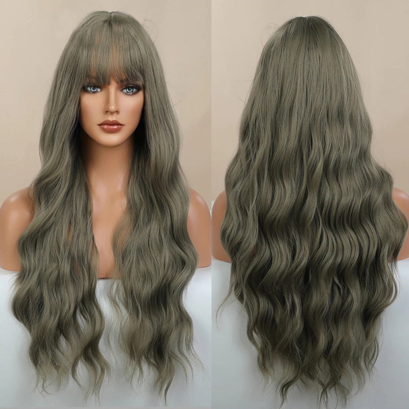 Women's Long Wavy Wig Pink High-Temperature Fiber with Bangs 7