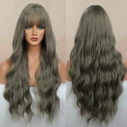 Women's Long Wavy Wig Pink High-Temperature Fiber with Bangs 7