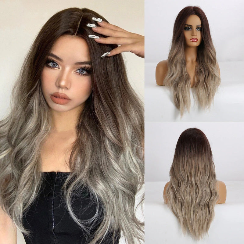 Women's Long Wavy Wig Purple Gray Ombre High-Temperature Fiber 20