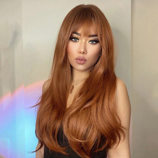 Women's Long Wig Copper Brown Synthetic Fiber with Bangs 1