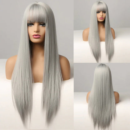 Women's Long Wig Copper Brown Synthetic Fiber with Bangs 26
