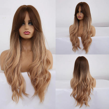 Women's Long Wig Copper Brown Synthetic Fiber with Bangs 29
