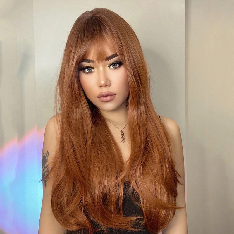 Women's Long Wig Copper Brown Synthetic Fiber with Bangs 3