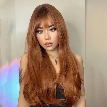 Women's Long Wig Copper Brown Synthetic Fiber with Bangs 3