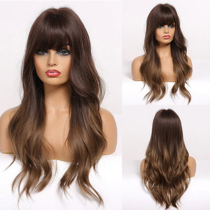 Women's Long Wig Copper Brown Synthetic Fiber with Bangs 30