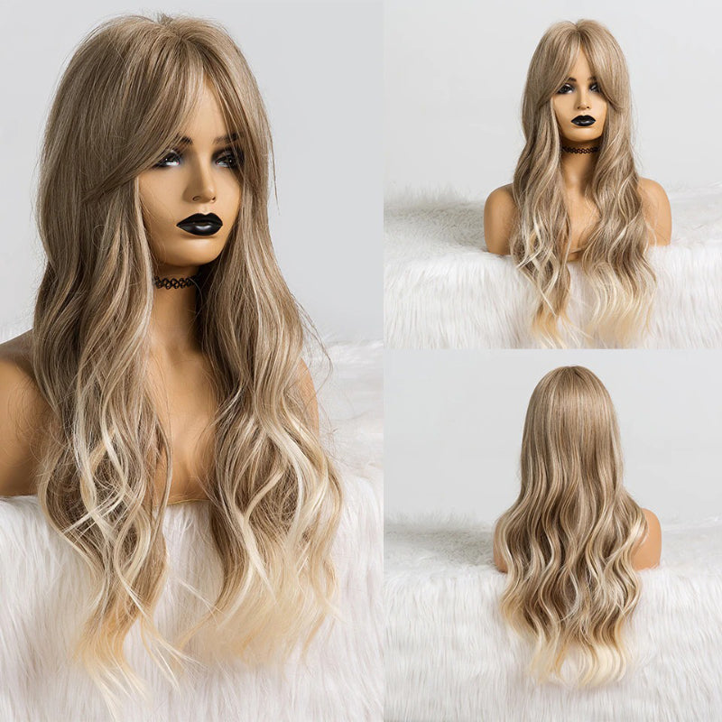 Women's Long Wig Copper Brown Synthetic Fiber with Bangs 32