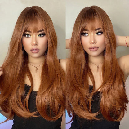 Women's Long Wig Copper Brown Synthetic Fiber with Bangs 5