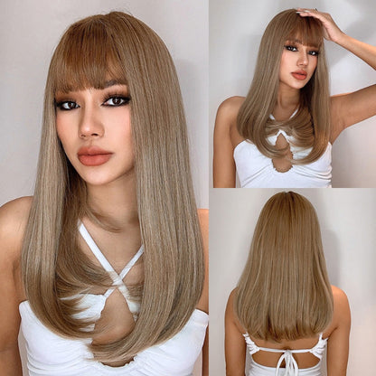 Women's Long Wig Copper Brown Synthetic Fiber with Bangs 6