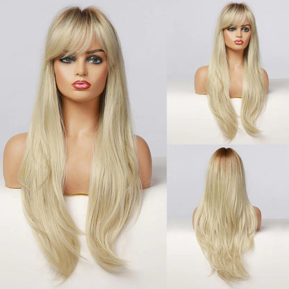 Women's Long Wig Copper Brown Synthetic Fiber with Bangs 7