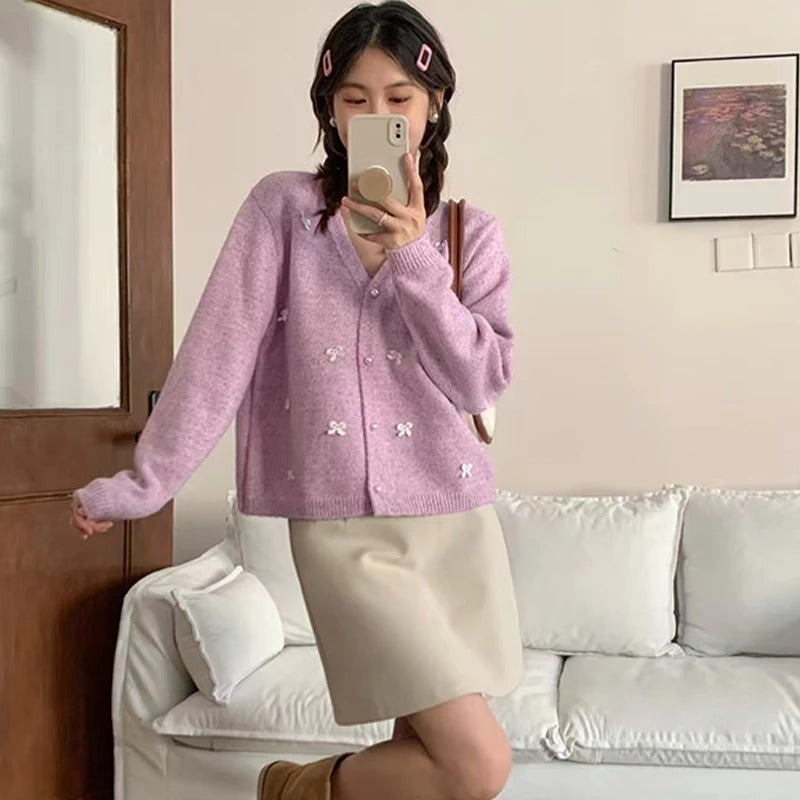 Women's Loose Casual Knitted Long Sleeve Cardigan with Bow Decor 0