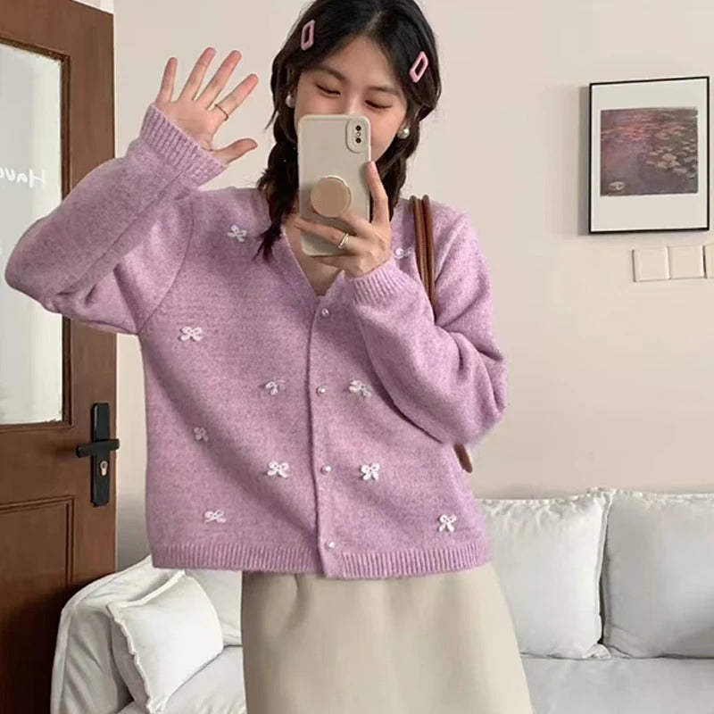 Women's Loose Casual Knitted Long Sleeve Cardigan with Bow Decor 1