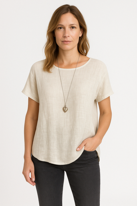 Women's Loose Fit Linen Blend T-Shirt with Short Sleeves and Curved Hem 0