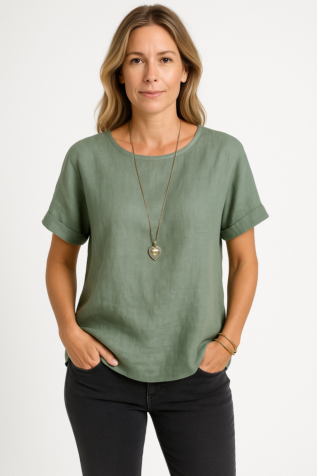 Women's Loose Fit Linen Blend T-Shirt with Short Sleeves and Curved Hem 2
