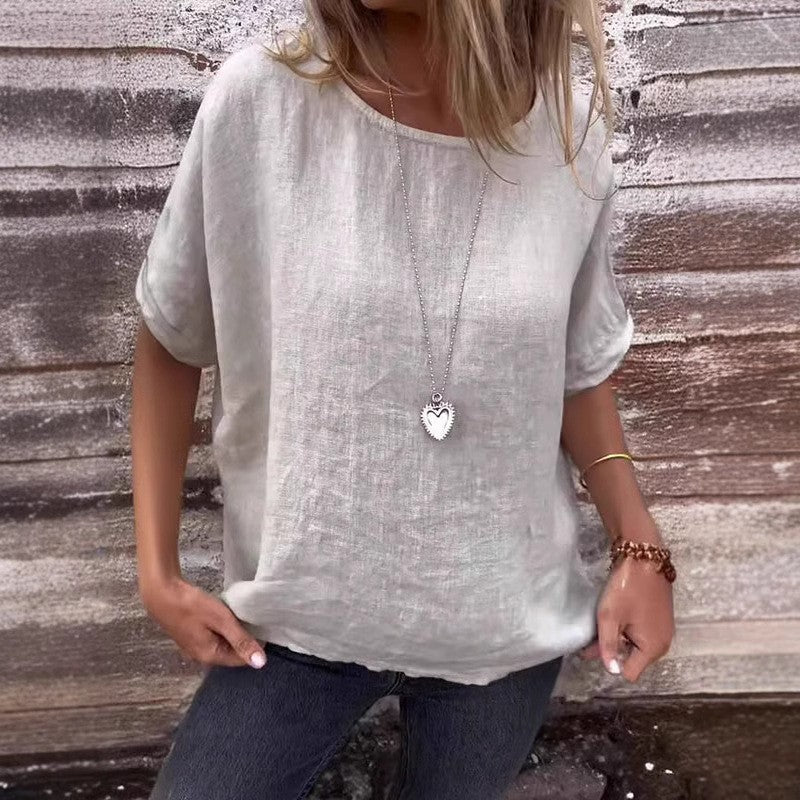 Women's Loose Fit Linen Blend T-Shirt with Short Sleeves and Curved Hem 3