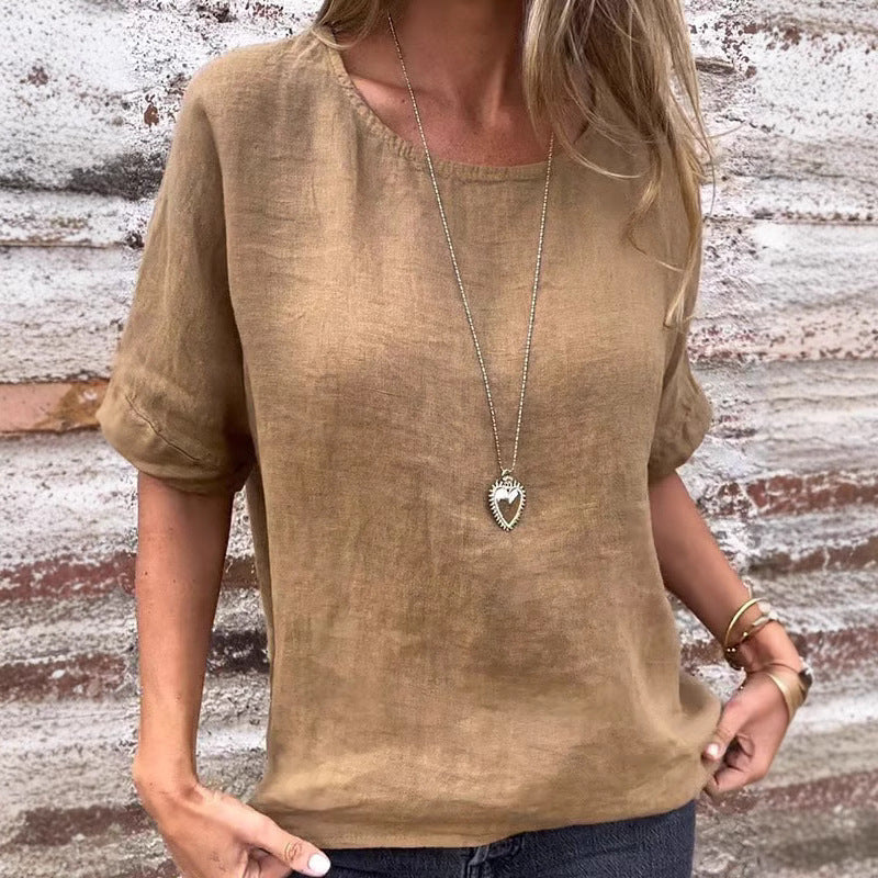 Women's Loose Fit Linen Blend T-Shirt with Short Sleeves and Curved Hem 5