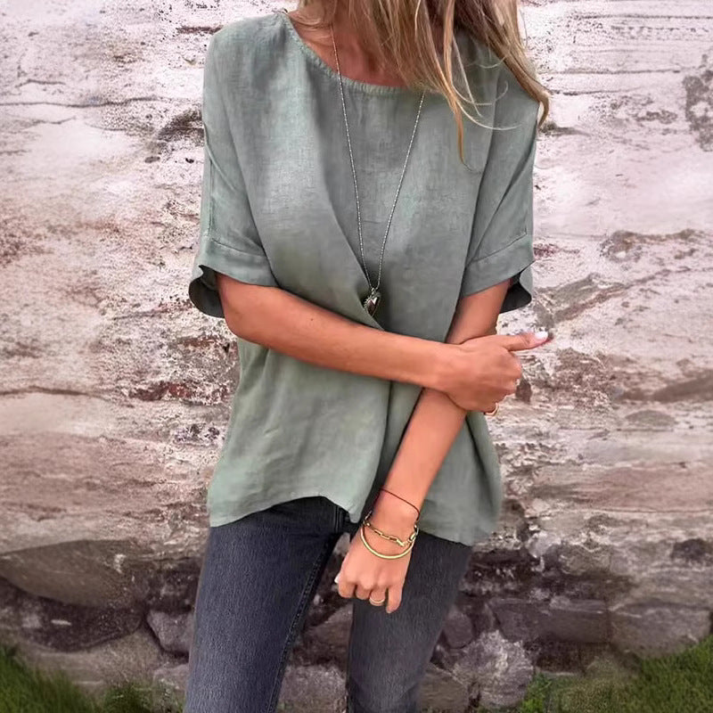 Women's Loose Fit Linen Blend T-Shirt with Short Sleeves and Curved Hem 6