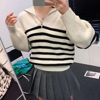 Women's Loose Striped Zip-Up Long Sleeve Knitted Sweater 1