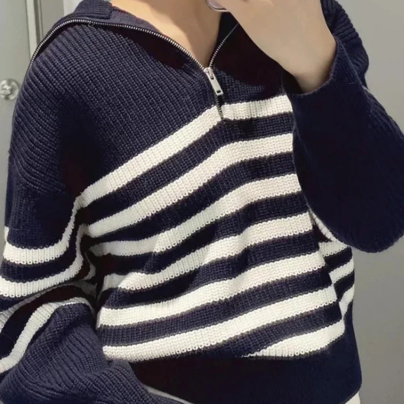 Women's Loose Striped Zip-Up Long Sleeve Knitted Sweater 2