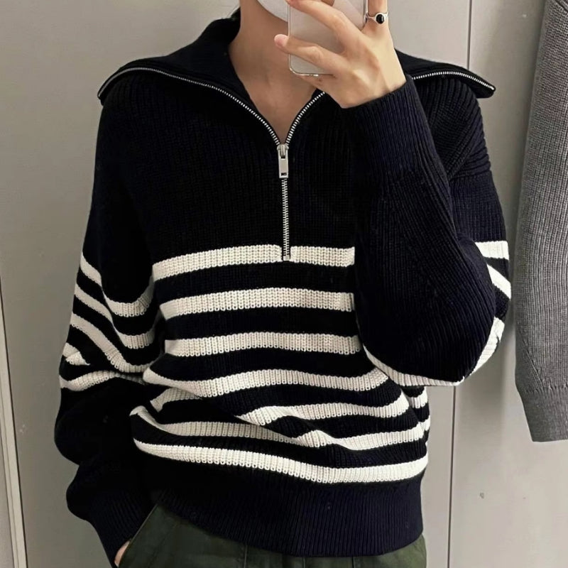 Women's Loose Striped Zip-Up Long Sleeve Knitted Sweater 3