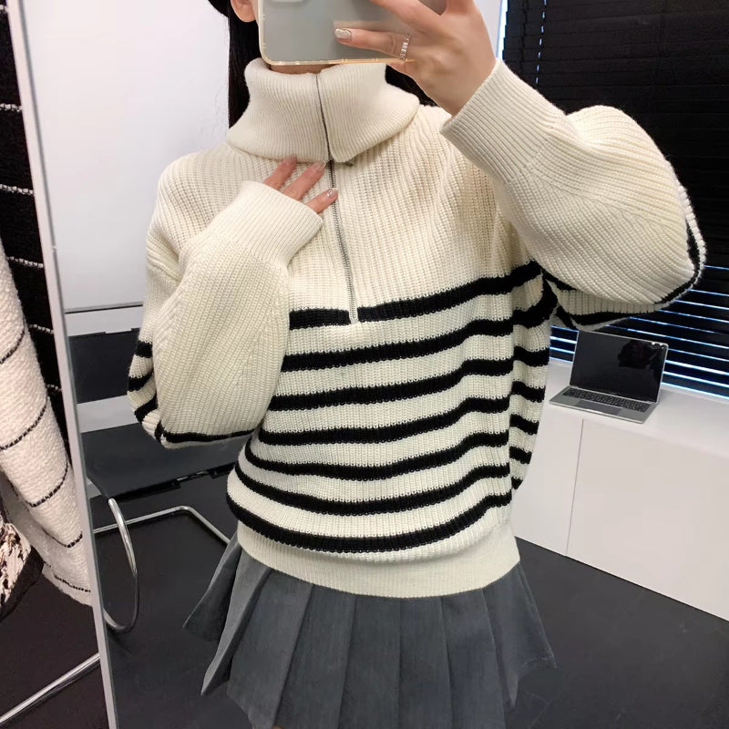 Women's Loose Striped Zip-Up Long Sleeve Knitted Sweater 5