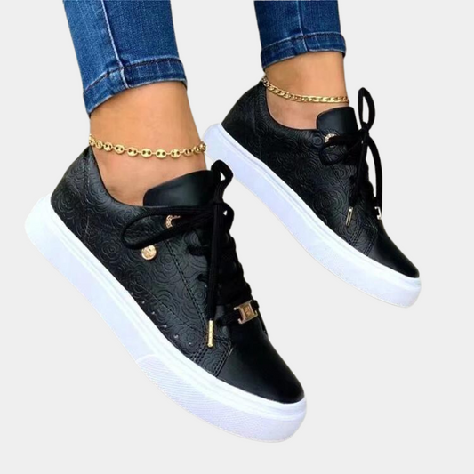 Women's Low-Top Fashion Sneakers with Embossed Floral Pattern and Lace-Up Design 0