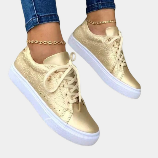 Women's Low-Top Fashion Sneakers with Embossed Floral Pattern and Lace-Up Design 1