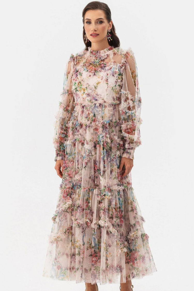 Women's Maxi Dress Apricot Tulle Floral Elegant 0