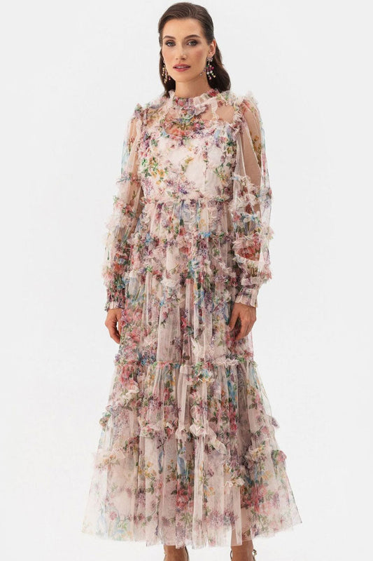 Women's Maxi Dress Apricot Tulle Floral Elegant 0
